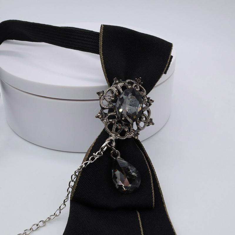 Gothic Black Necktie Rhinestone Pendant Metal Chain Evening Party Pretied Bowtie