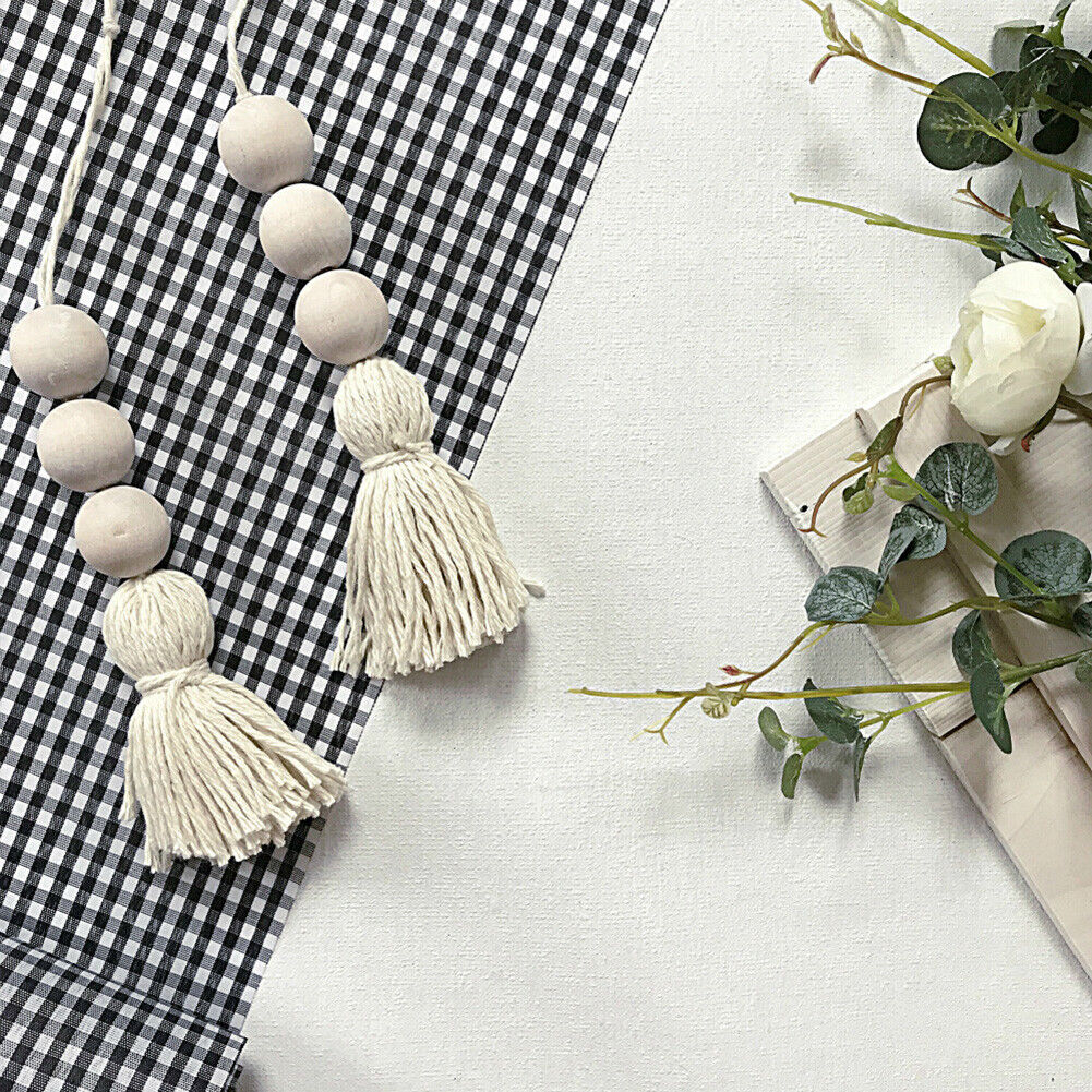 2pcs Wood Bead Garland with Hemp Rope Tassels Knob Rustic Country Decor
