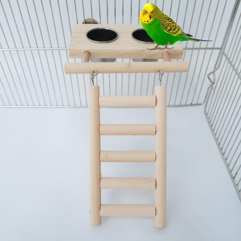 Birds Food Dish Stainless Steel Feeding Cups with Wood Platform and Ladder