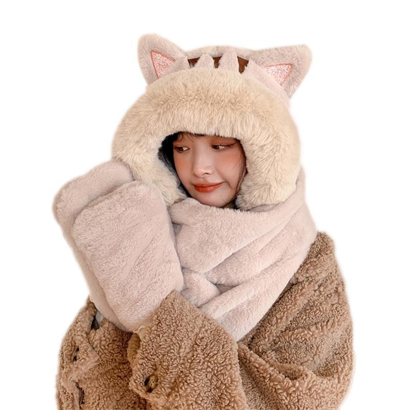 One Piece Scarf Plush Scarf Hooded Hat Winter Hat Scarf Gloves Set Fleece Warm