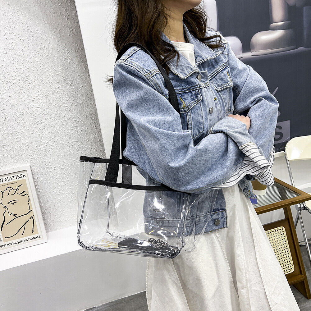 Summer PVC Transparent Handbag Women Shoulder Bags Beach Tote (Black)