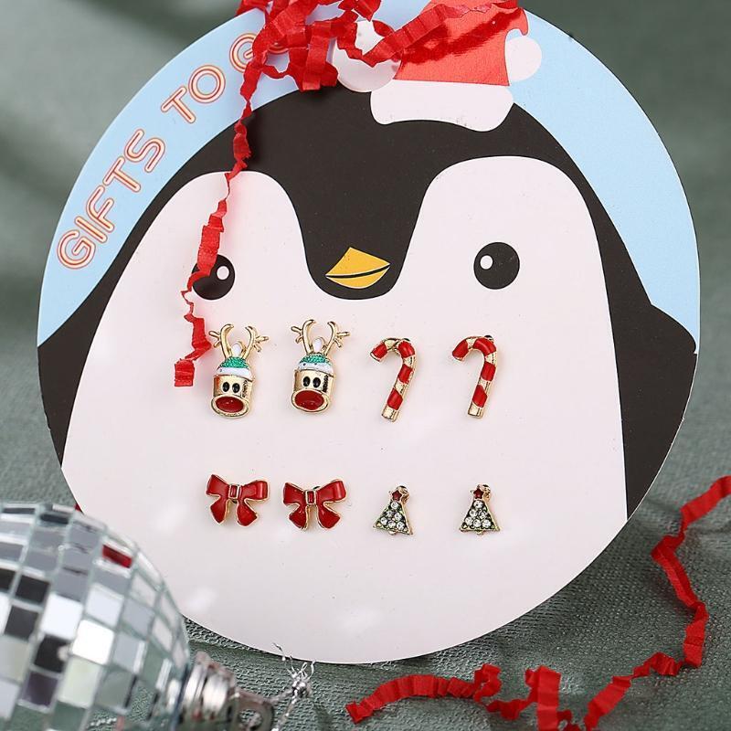 Christmas Stud Earrings Set Christmas Deer Head Christmas Tree Bow Cane Studs