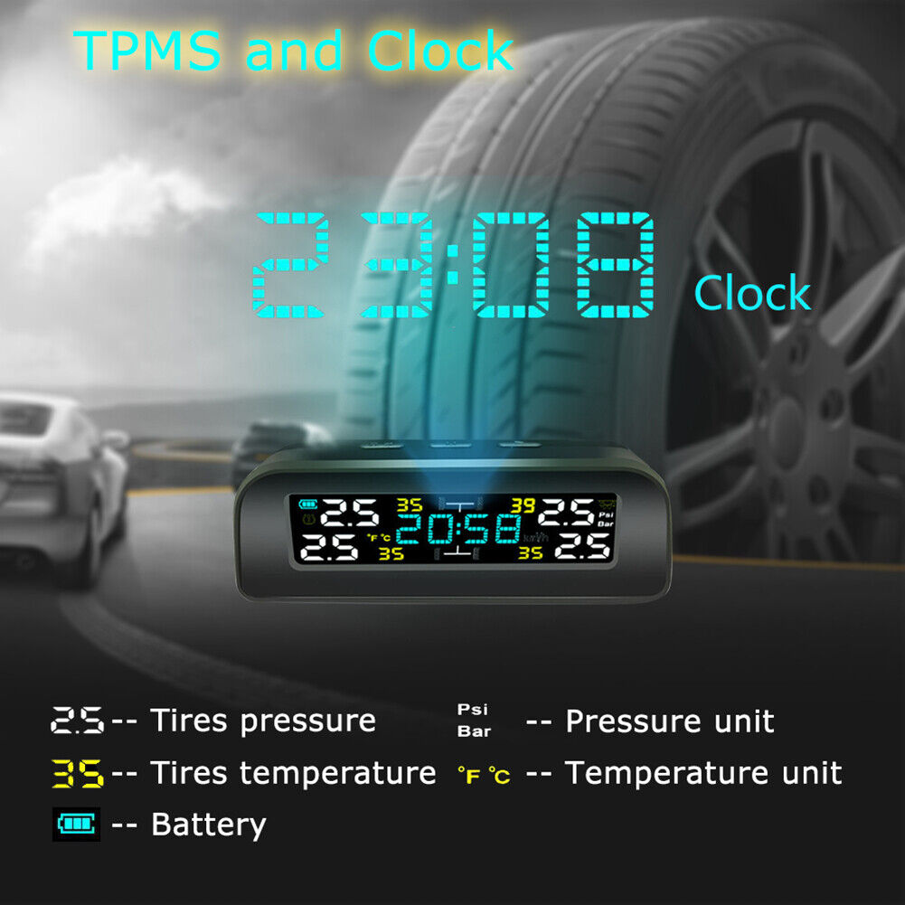 TY17 Car TPMS Solar Auto Tire Pressure Temp Monitoring System with Clock