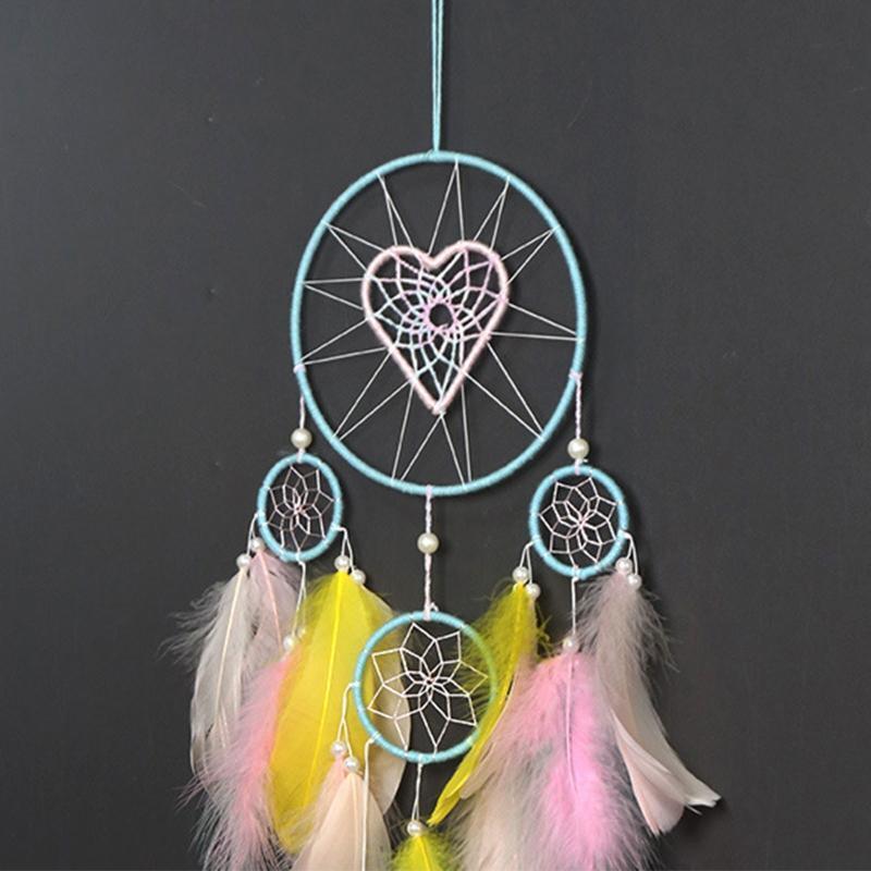 Woven Heart 5 Rings Dream Catcher with Colorful Feather Wall Hanging Ornament