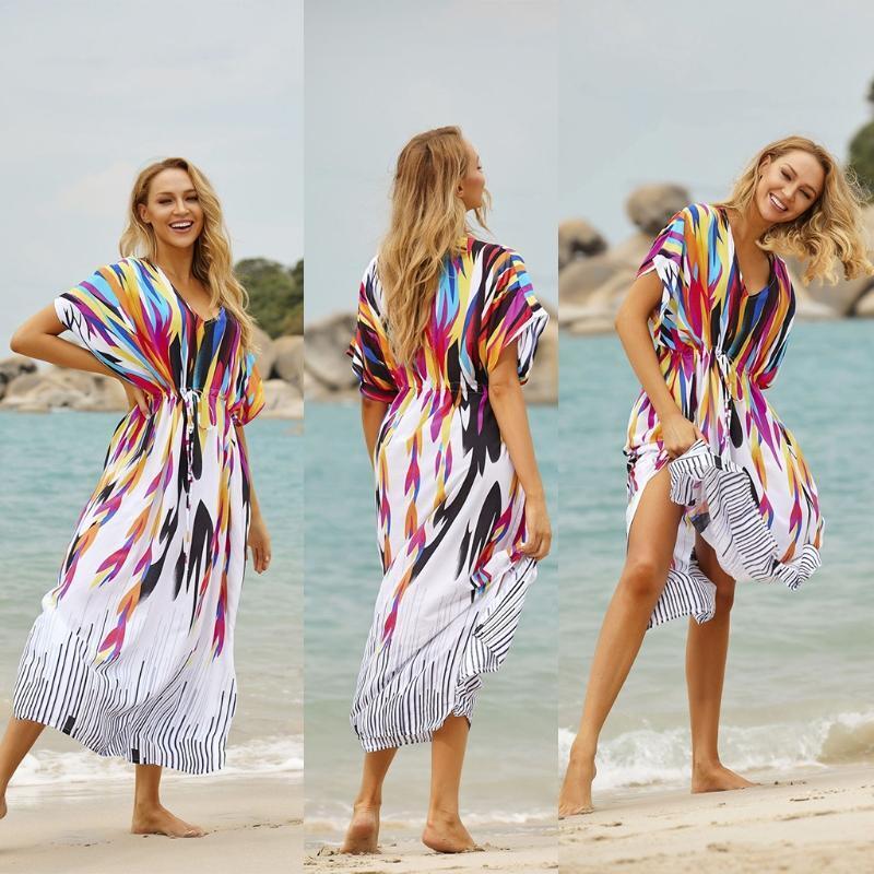 Women Boho Rainbow Stripes Print Bathing Suit Cover Up Beach Long Dress Kaftans