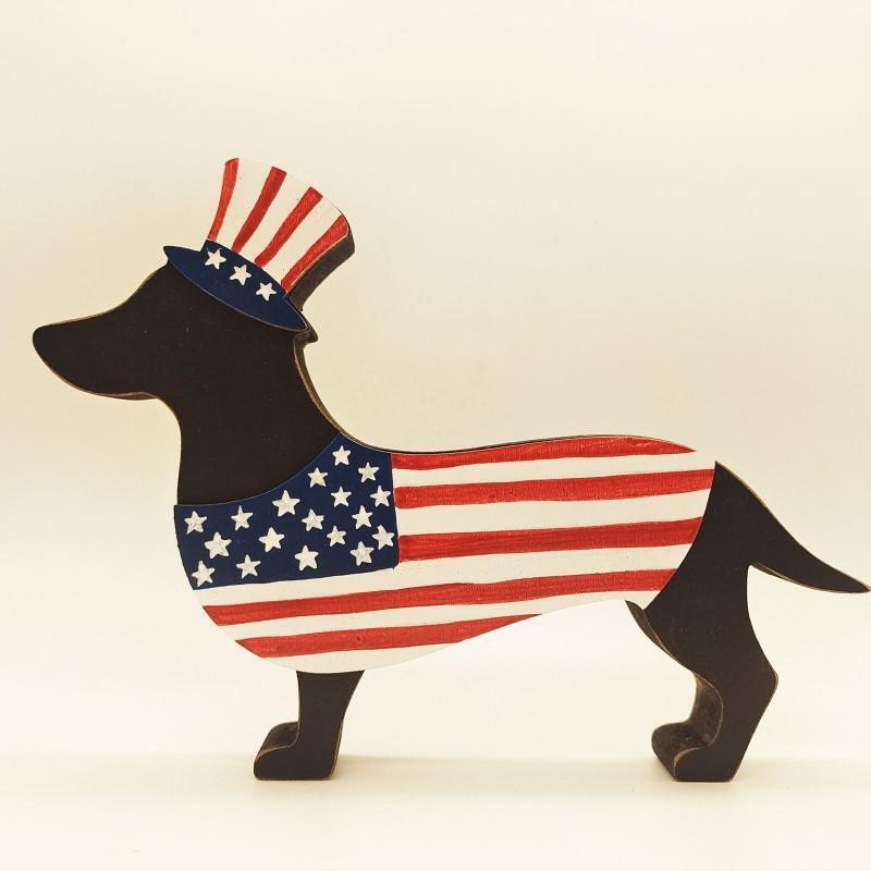 Independence Day Wooden Carved Dog Ornament 4th of July Wood Crafts