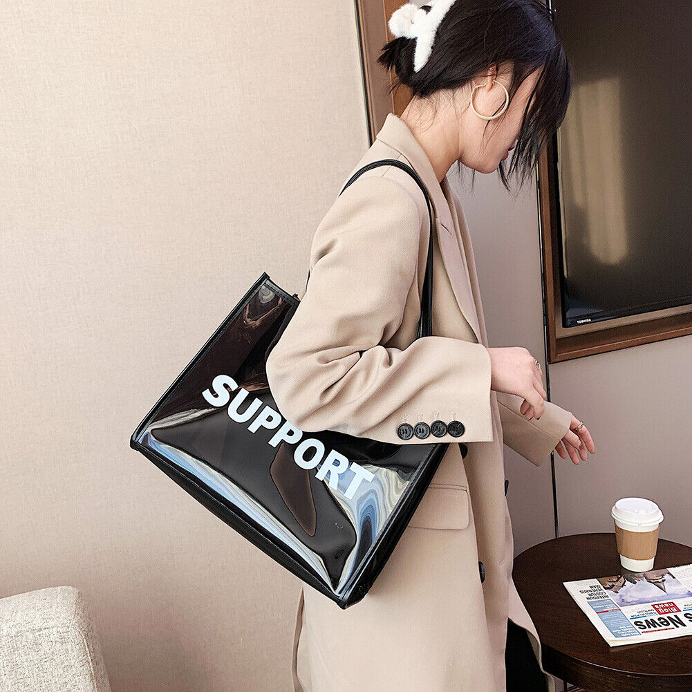 Fashion Women Transparent Handbag Large Tote Pouch Composite Bags (Black)
