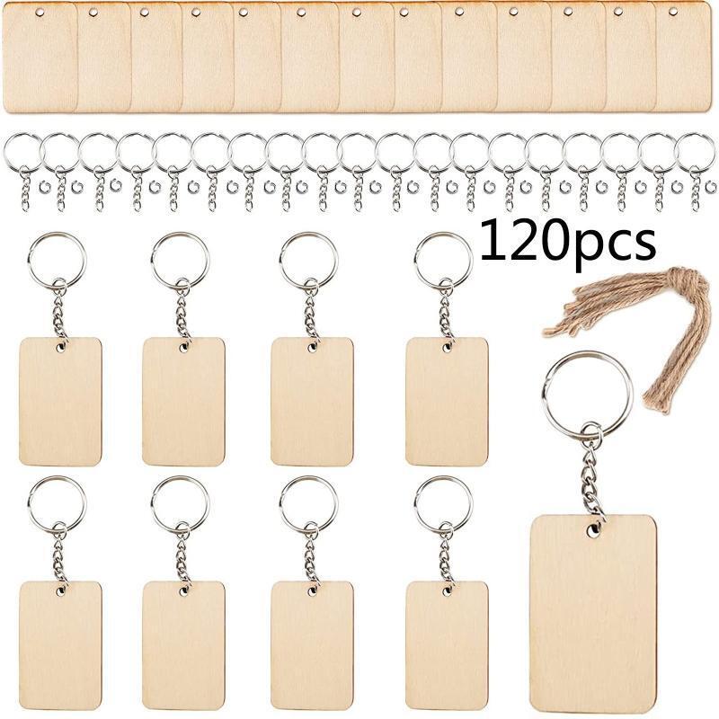 Blank Rectangle Shaped Wooden Keychain Set of 120 Unfinished Wood Chip Key Rings