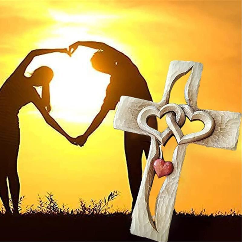 Carved Wooden Cross Valentine's Day Wooden Love Heart Cross Intertwined Hearts