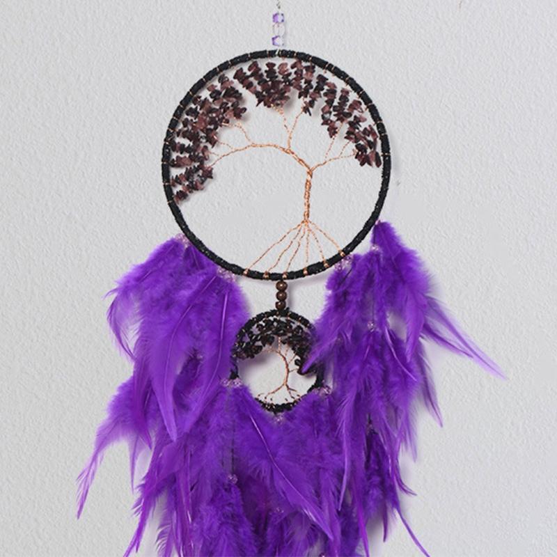 Woven Tree of Life Dream Catcher with Crystal Stones Feather Wall Hanging Decor
