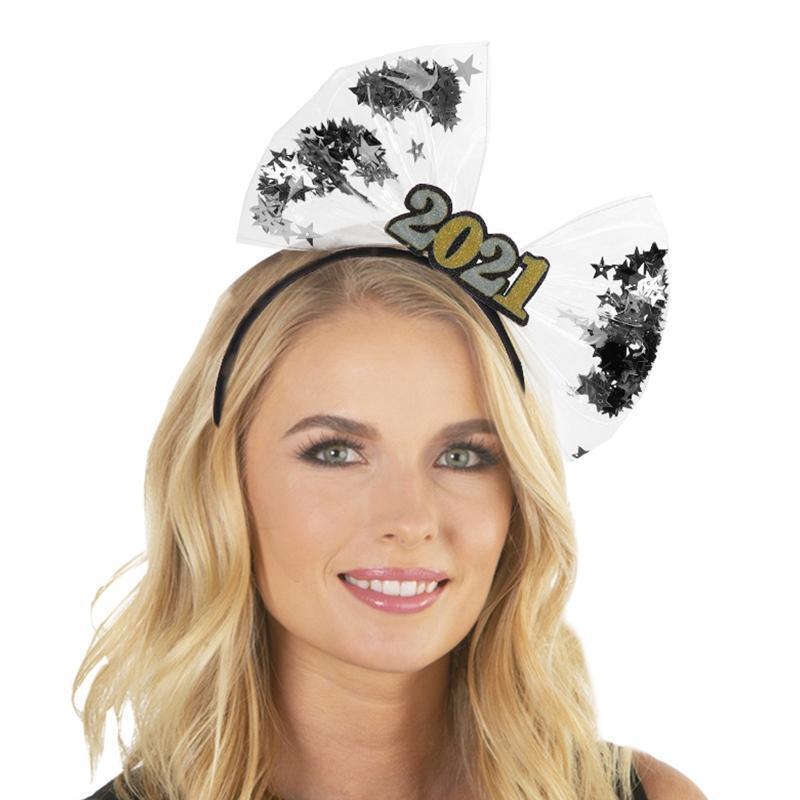Glitter 2021 Number Headband Big Bowknot Star Sequins New Year Party Hair Hoop