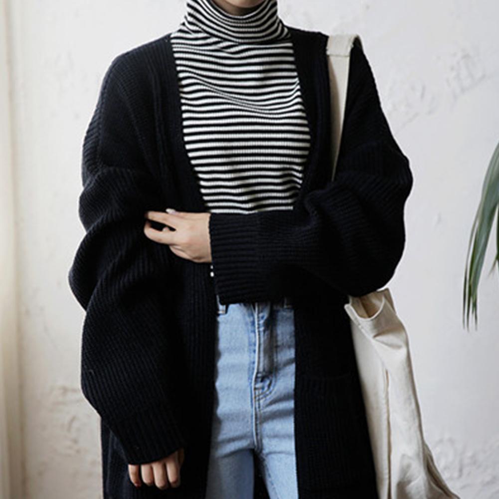 Women Long Sleeve Solid Knitted Autumn Winter Chic Sweater Coat (Black)