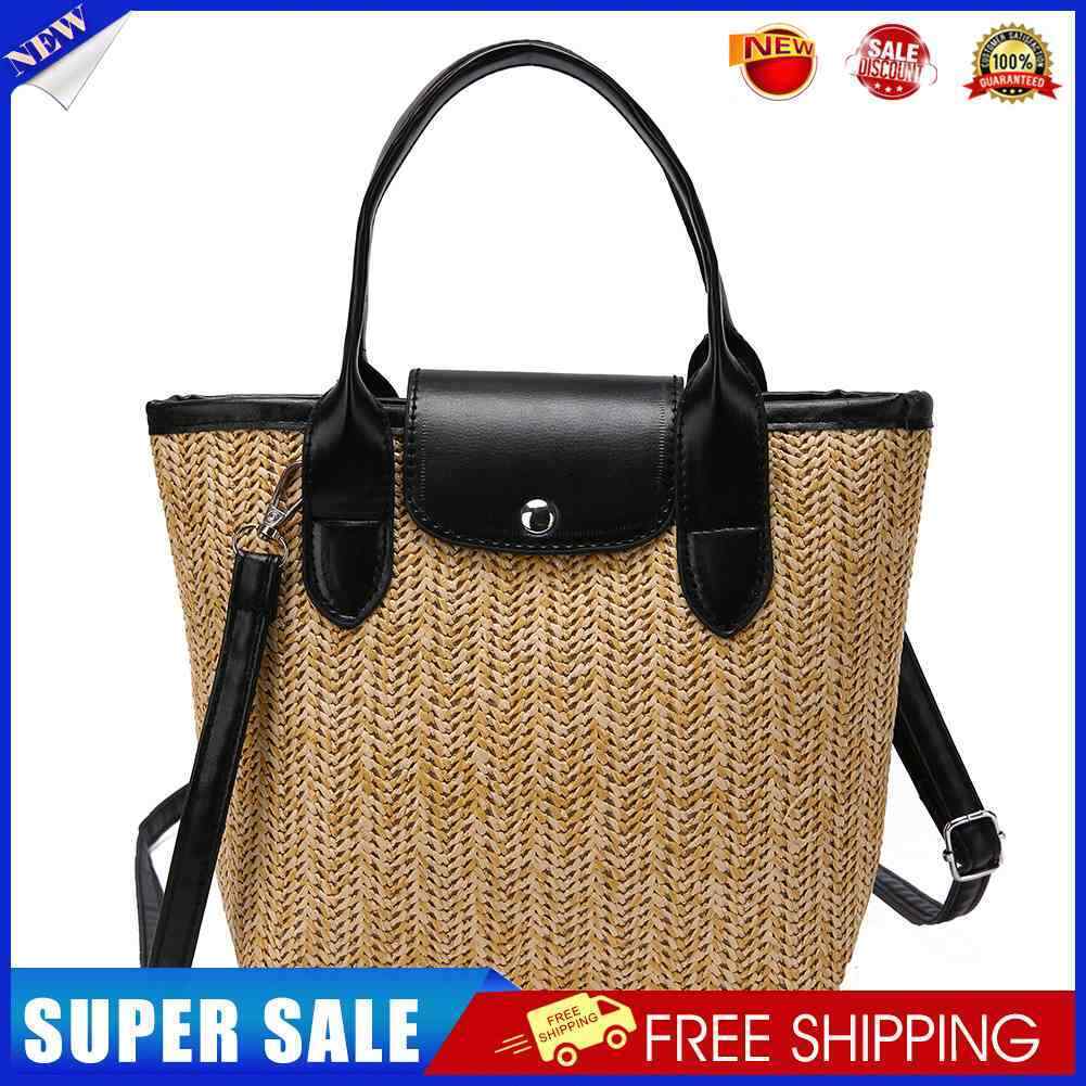 Straw Beach Bag Woven Shoulder Messenger Bag Women Handbag Totes (Black)