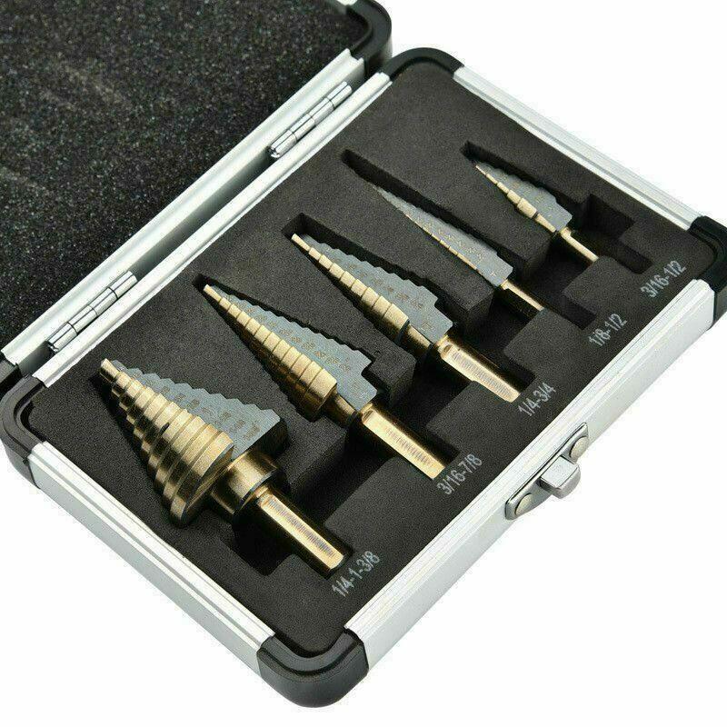 5x Step Drill Bit HSS Spiral Grooved Cutting Drill for Woowork with Case