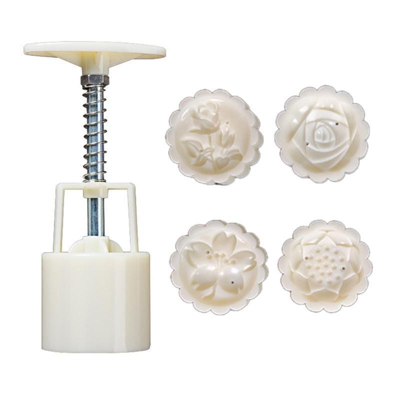 50g Mooncake Mold with 4 Round Rose Flower Stamps Cookie Cutter Hand Press Mould