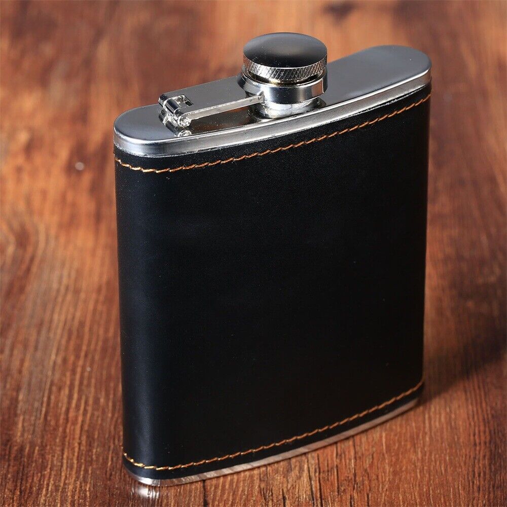 7oz Black PU Leather Steel Liquor Hip Flask Whiskey Alcohol Wine Flagon Bottle