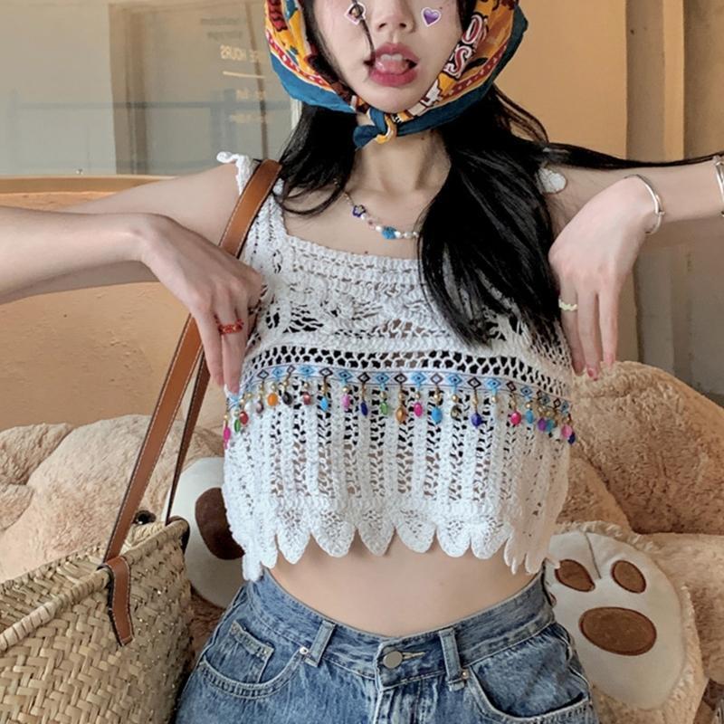 Women Hollow Crochet Sleeveless Crop Top Beach Knit Beaded Tassel Cover Up Vest