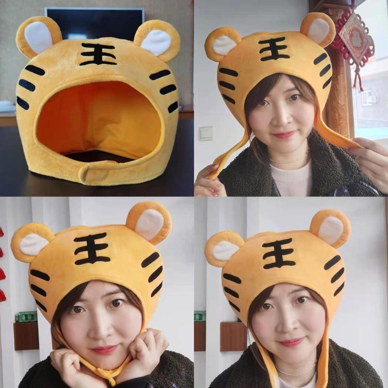 Plush-Made Hats with Tiger Stripes as Tools or Props for Photoshot Cartoon Caps