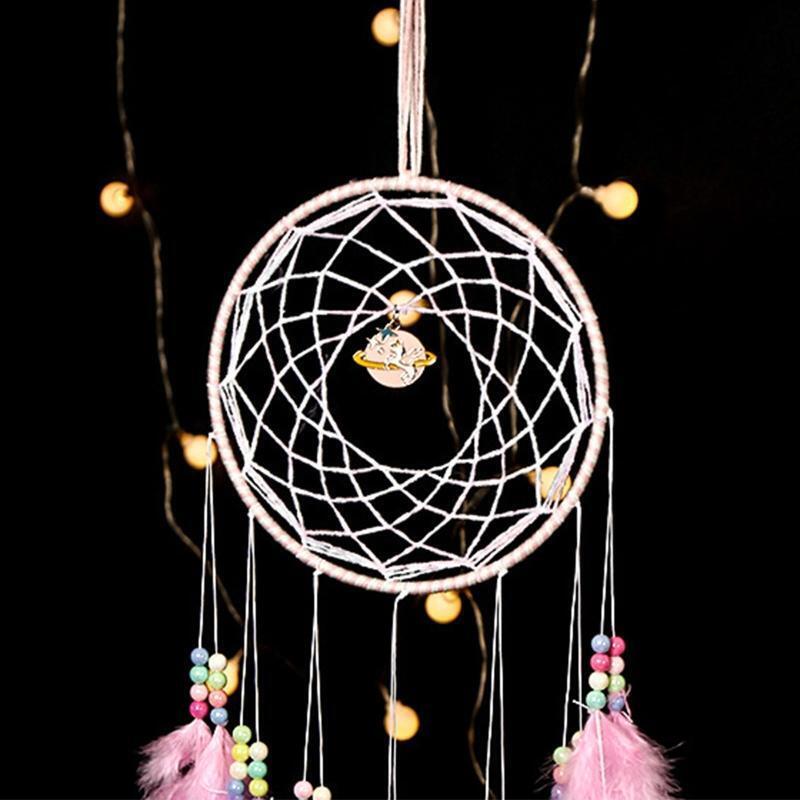 Beaded Feather Dream Catcher with Planet Pendant Boho Wall Hanging Wind Chime