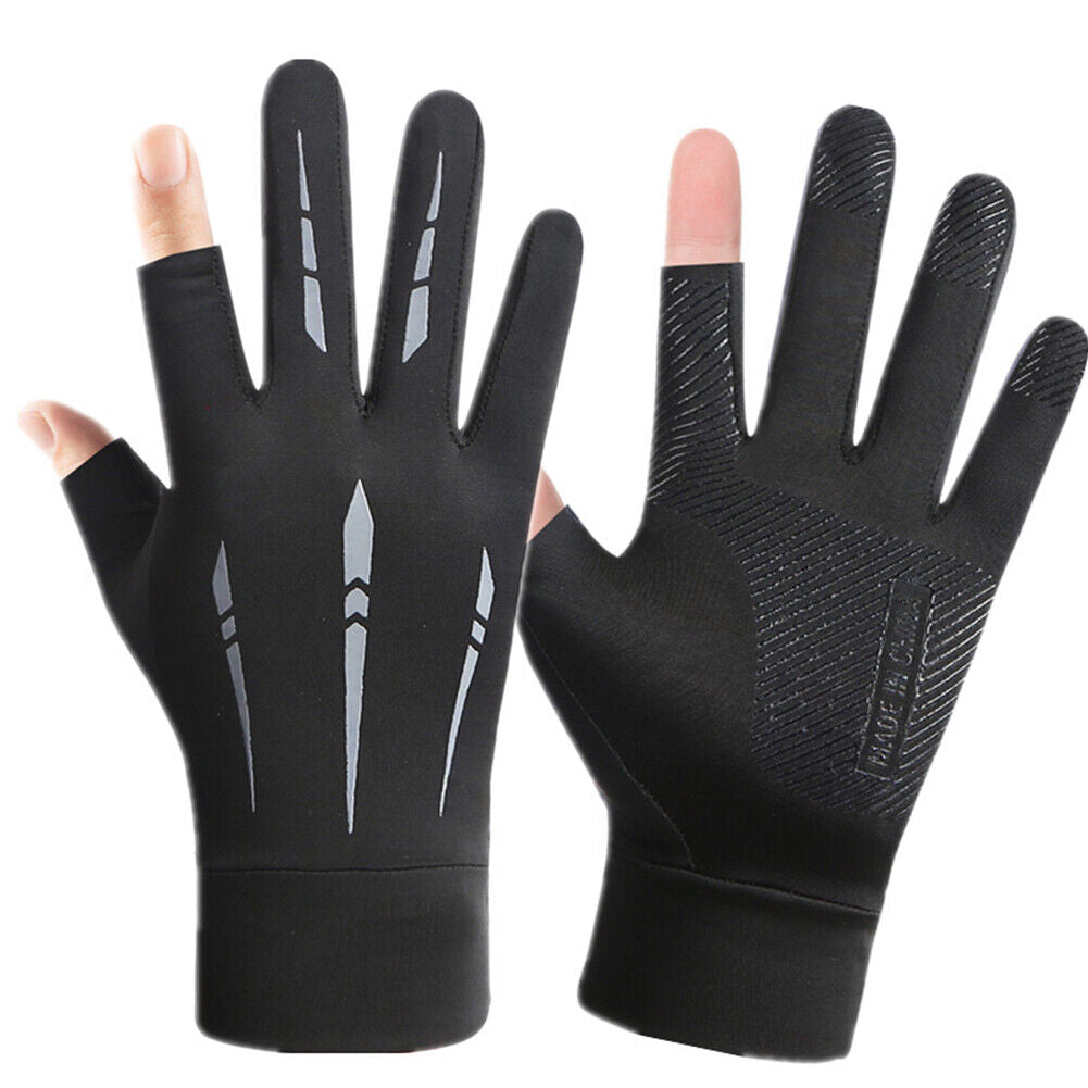 Breathable Anti-Slip Women Men Two Finer Cut Fishing Cycling Gloves (Grey)