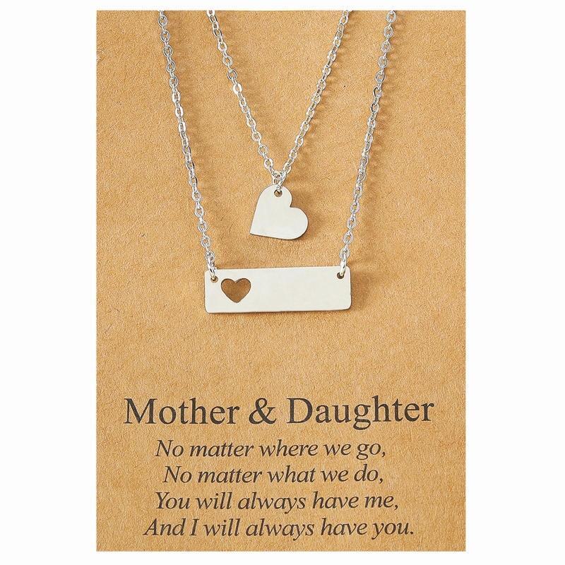 2Pcs Mother Daughter Bar Necklace Set Horizontal Bar Necklace with Cutout Heart