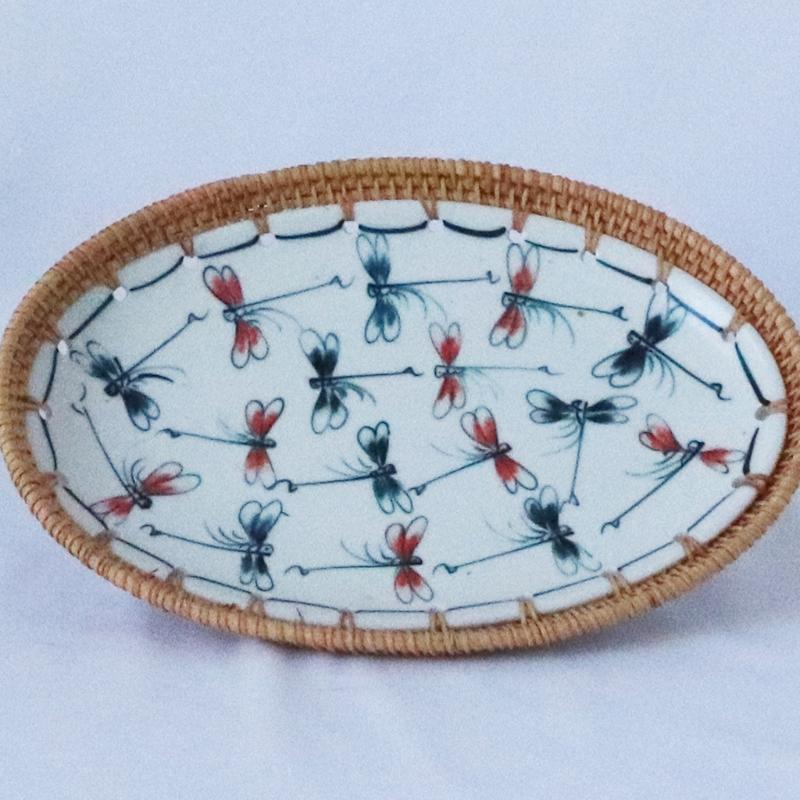 Rattan Serving Plate Oval Ceramic Porcelain Fruit Dessert Food Storage Container