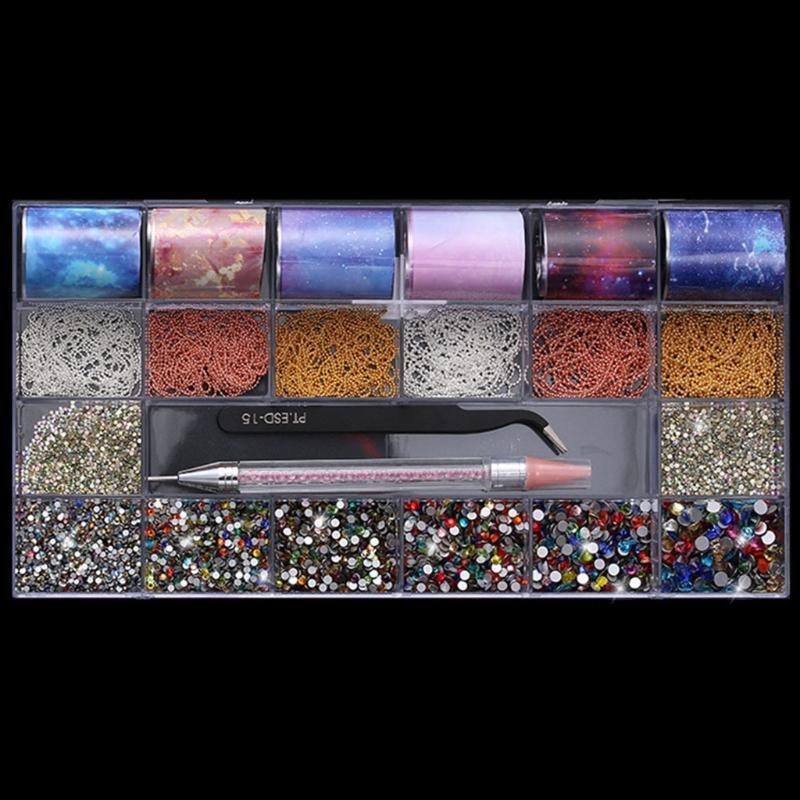 21 Grids Nails Design Kit Decor Multi Shapes with Dual-ended Dotting Pen Tweezer
