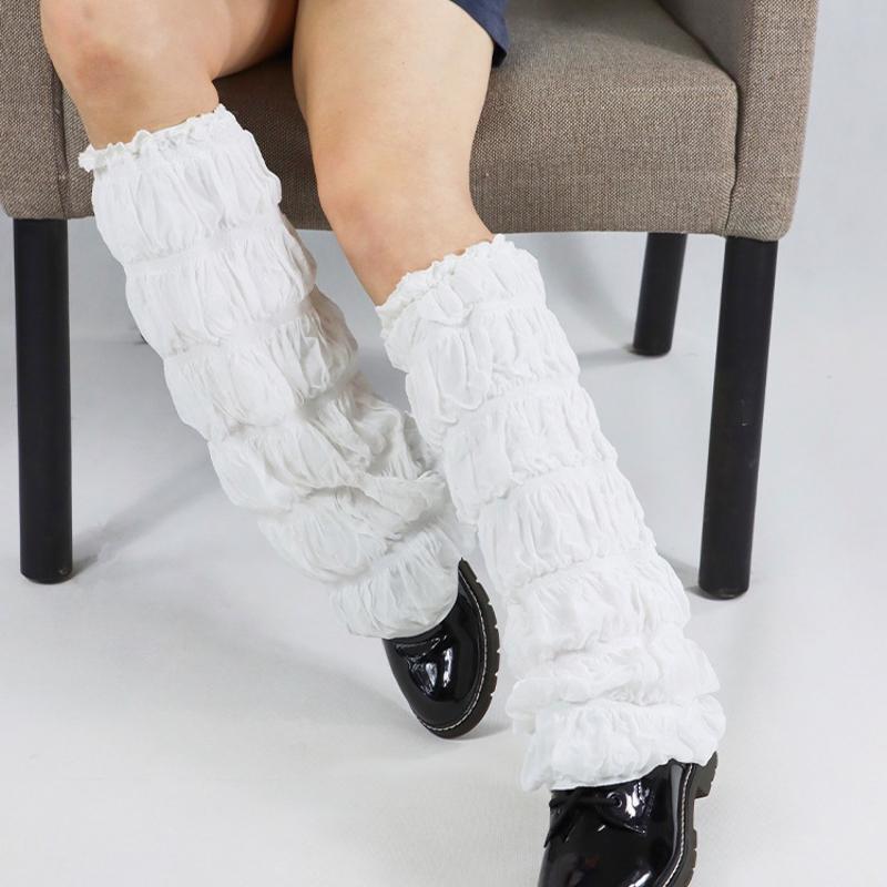 Women Lolita White Knee High Leg Warmers Wavy Ruched Bubble Foot Covers Socks
