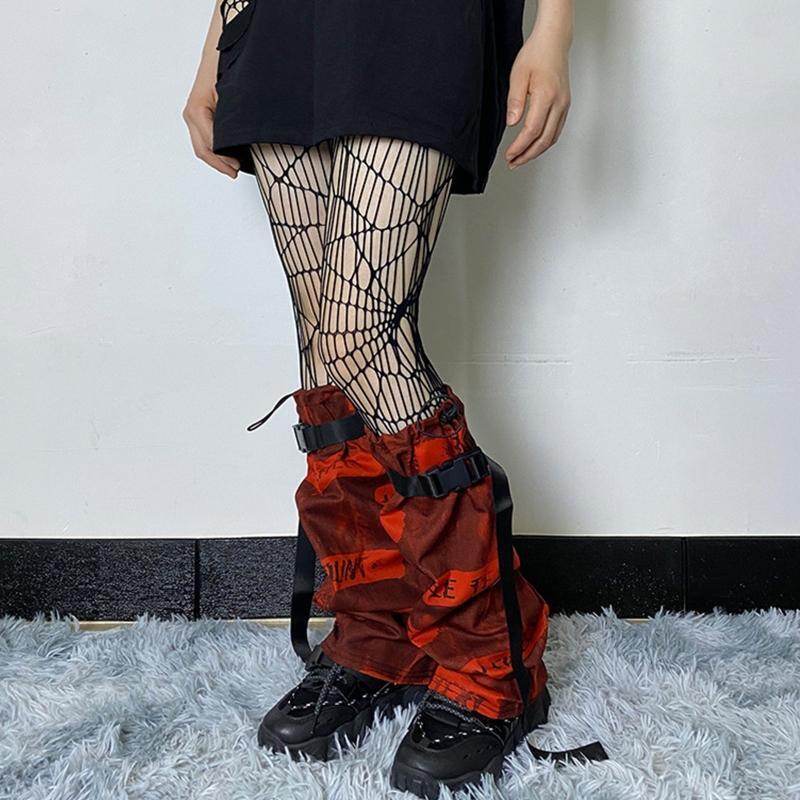 Women Punk Red Letters Leg Warmers with Buckle Belt Gothic Loose Foot Cover Sock