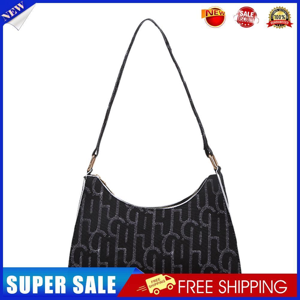 Casual Printed Women Handbag Totes PU Zipper Underarm Shoulder Bags (Black)