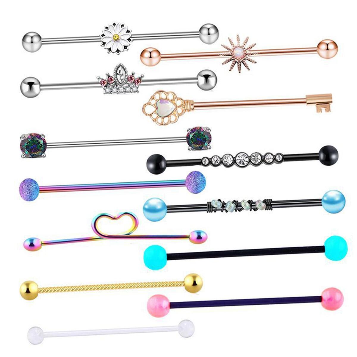 13Pcs 14 Gauge Industrial Barbell Earrings for Women Men Rhinestone 38mm 1&1/2