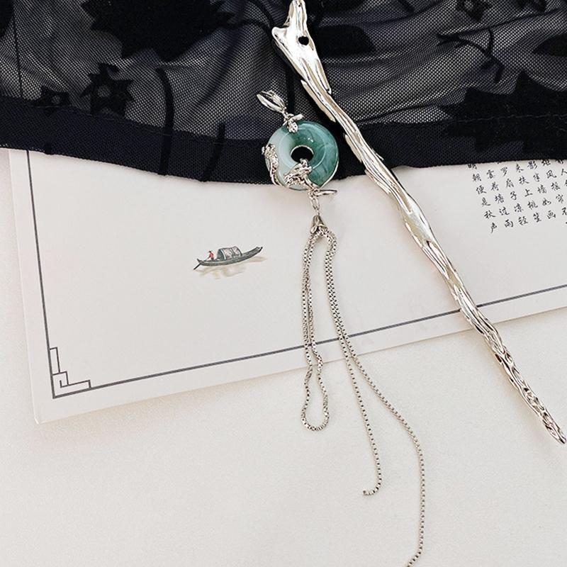 Tassel Hairpins For Updos Chinese Hair Sticks With Chain Jade ring Headwear