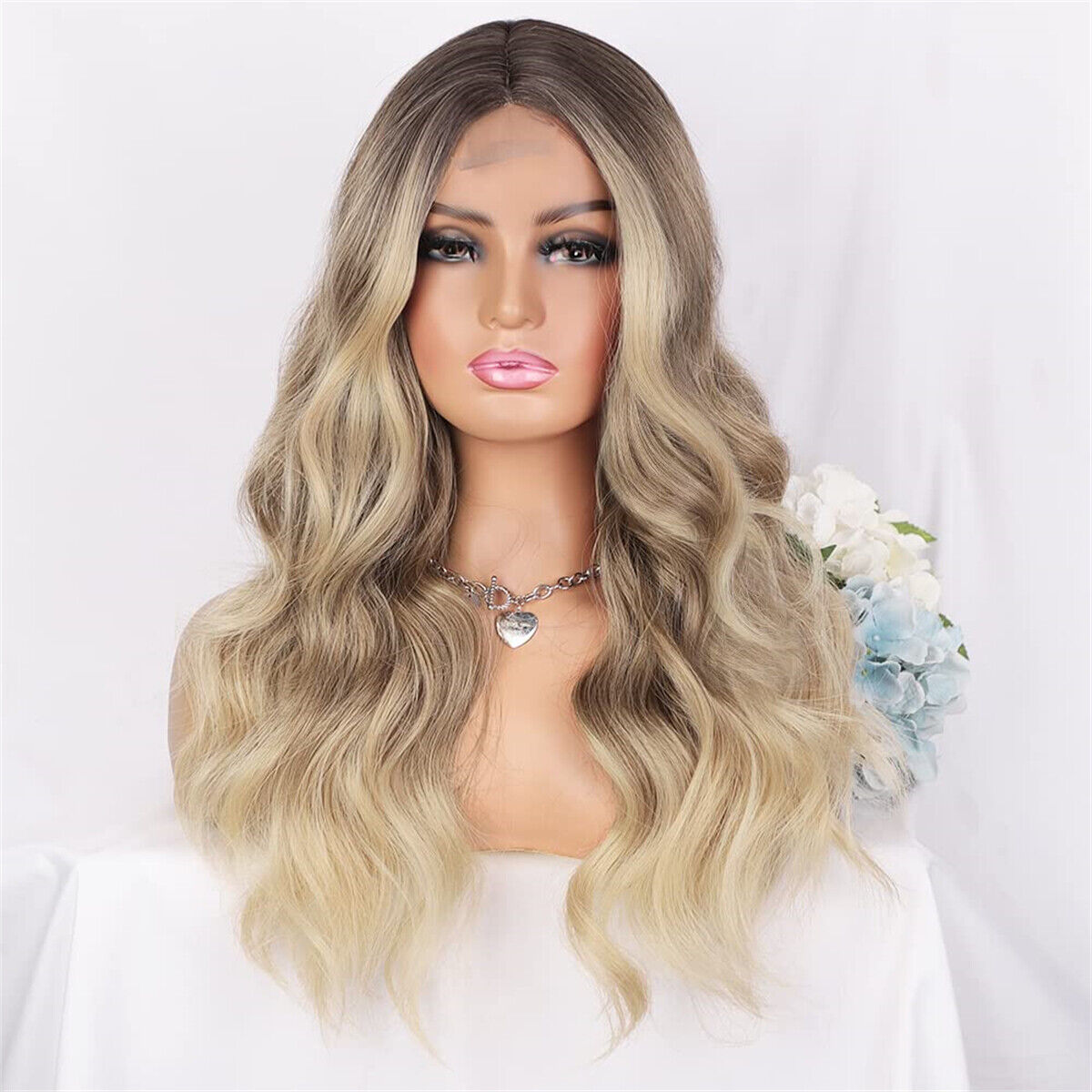 Fashion Womens Long Wavy Curly Hair Wig Ombre Blonde Synthetic Hair Full Wigs