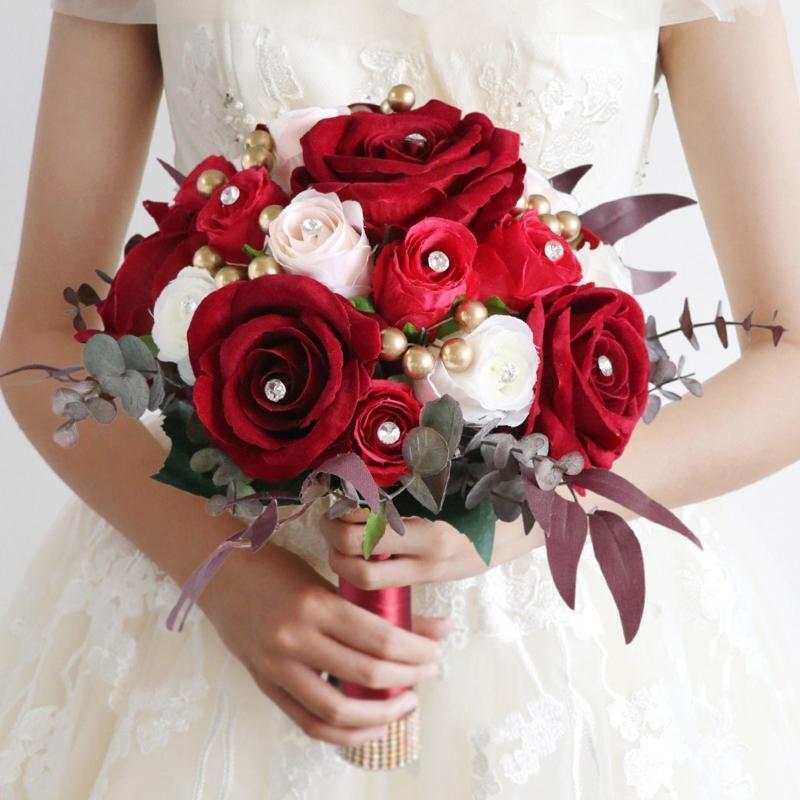 Wedding Bouquet Silk Roses Bridal Hand Bouquet Bridesmaid Holding Flowers Decor