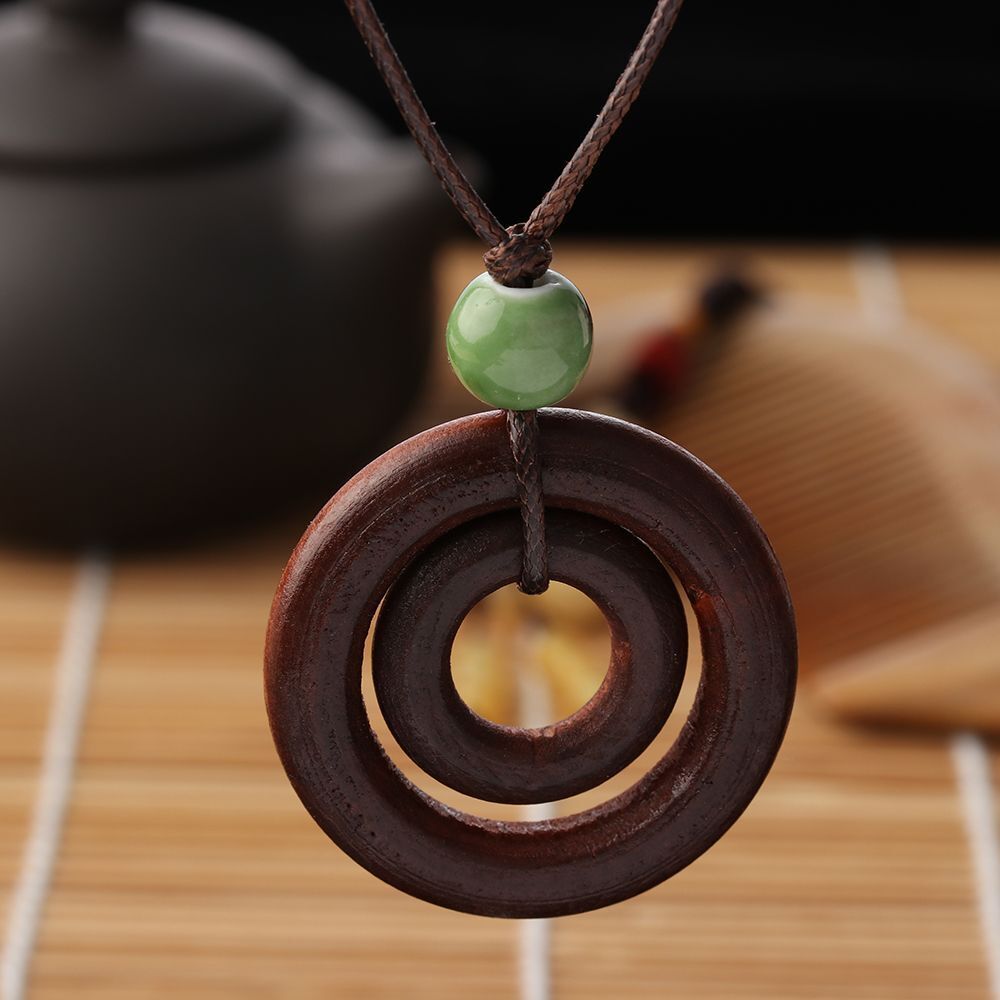 Jewelry Brown Bead Women Double-circle Pendant Long Wood Necklace Rope Chain