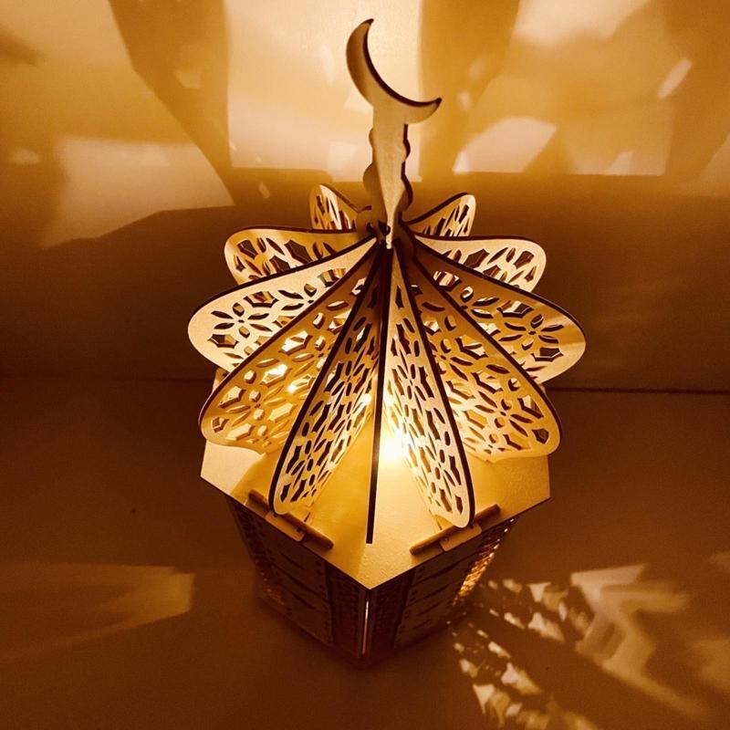 Eid Mubarak Palace Wooden Ornament Led Lantern Calendar Cabinet Crafts