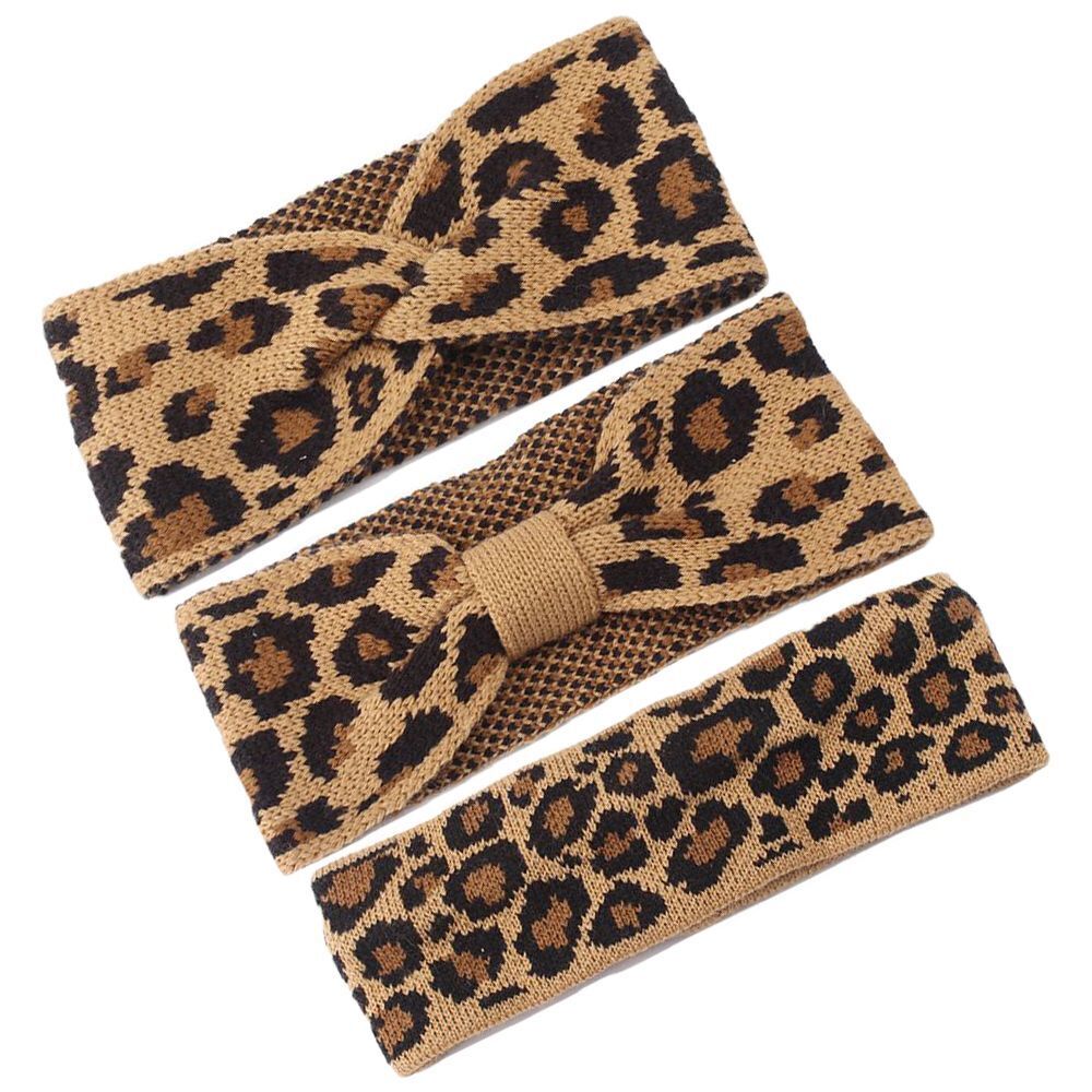 Winter Warm Crochet Head wrap Knitted Headband Bowknot Turban Leopard Headwear