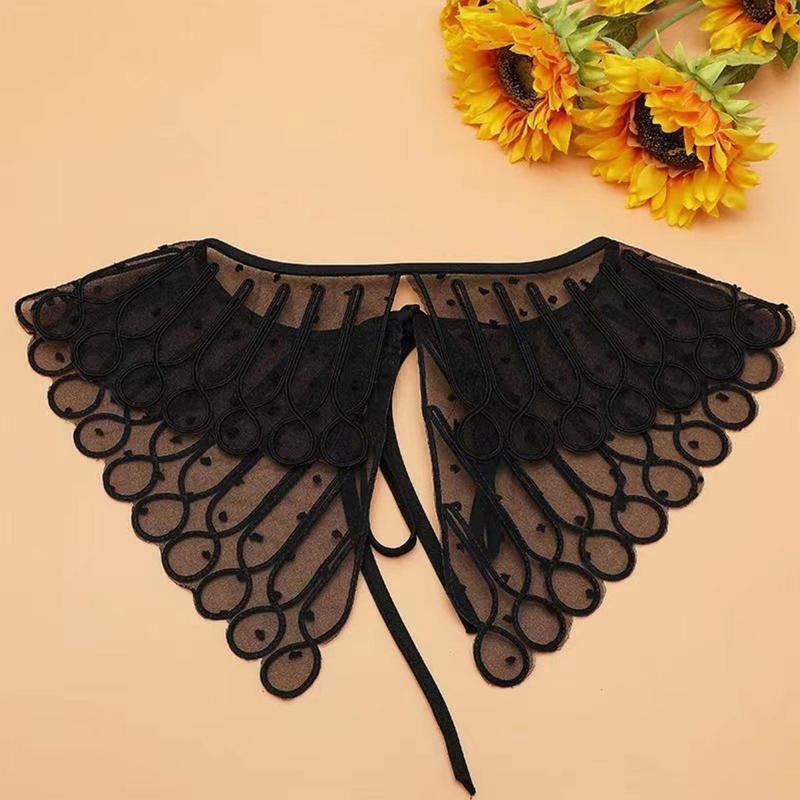 Women Emboridery Twist Striped Dot Collar Sheer Shawl Shrug Lace-Up Scarf Cape
