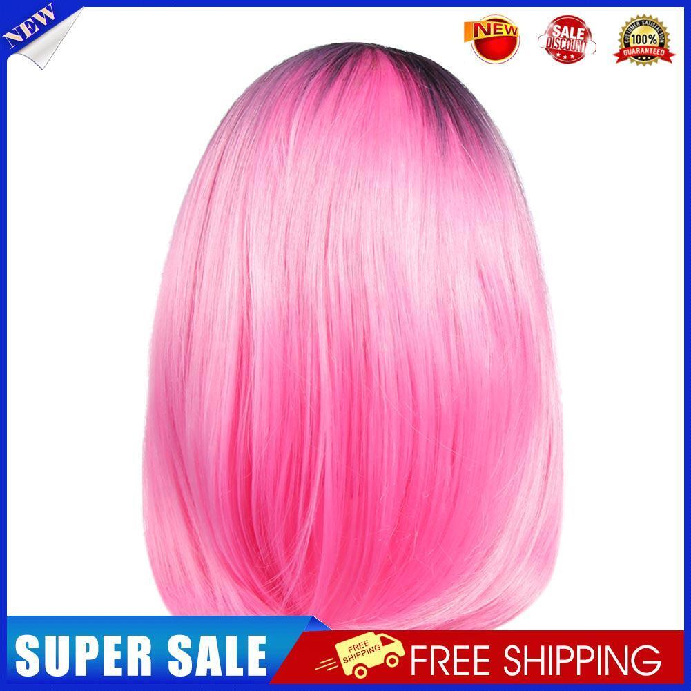 Women Medium-Long Straight Wigs Gradient Pink Heat Resistant Synthetic Hair