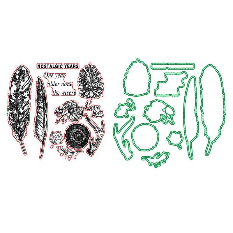 Feathers Leaf Metal Cutting Dies And Clear Stamp Set For DIY Scrapbooking Album