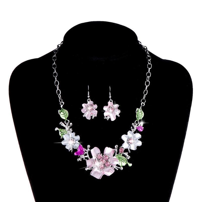 Women Necklace Jewelry Flower Pendant Earring Rhinestone Alloy Fashion Exquisite