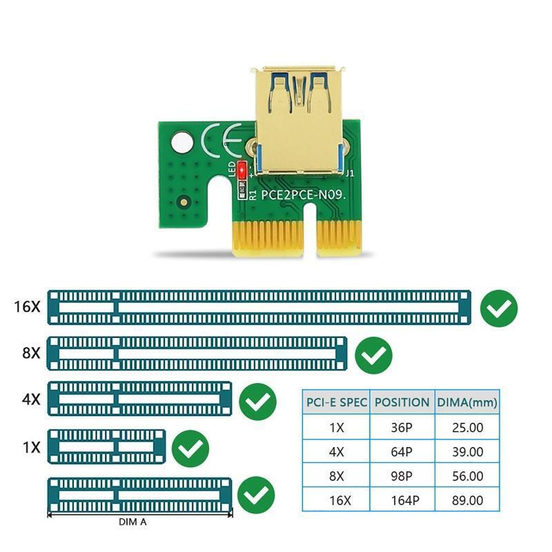 VER010 -X PCI-E Riser Card 1X to16X Riser Adapter LED Light Marquees for Mining