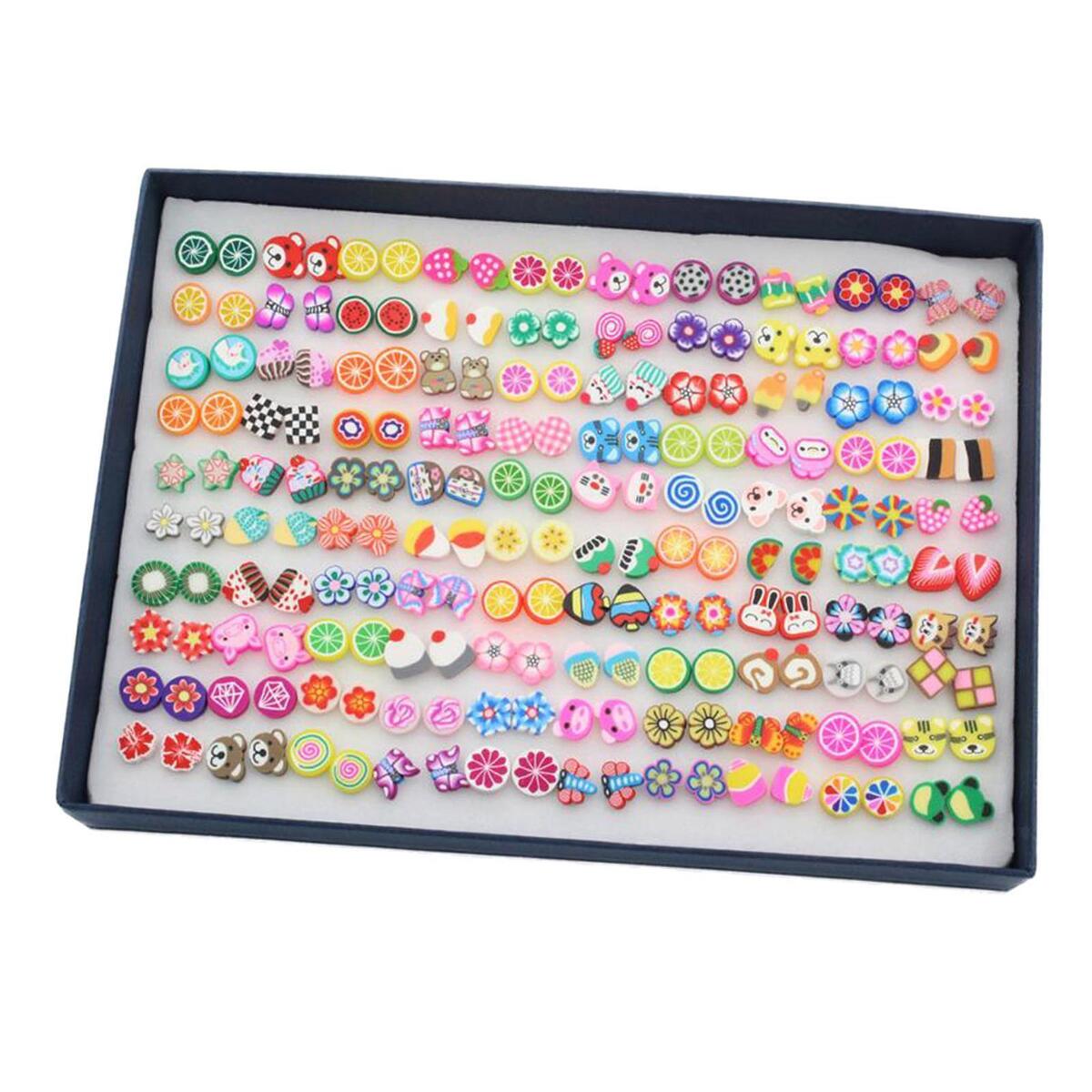 100 Pairs Assorted Stud Earring Women Teens School Girls Cartoon Fruit Shape