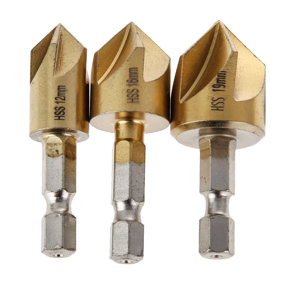 3pcs 5 Flutes HSS 1/4 Inch Hex Shank Chamfer Cutter 12/16/19mm Countersink