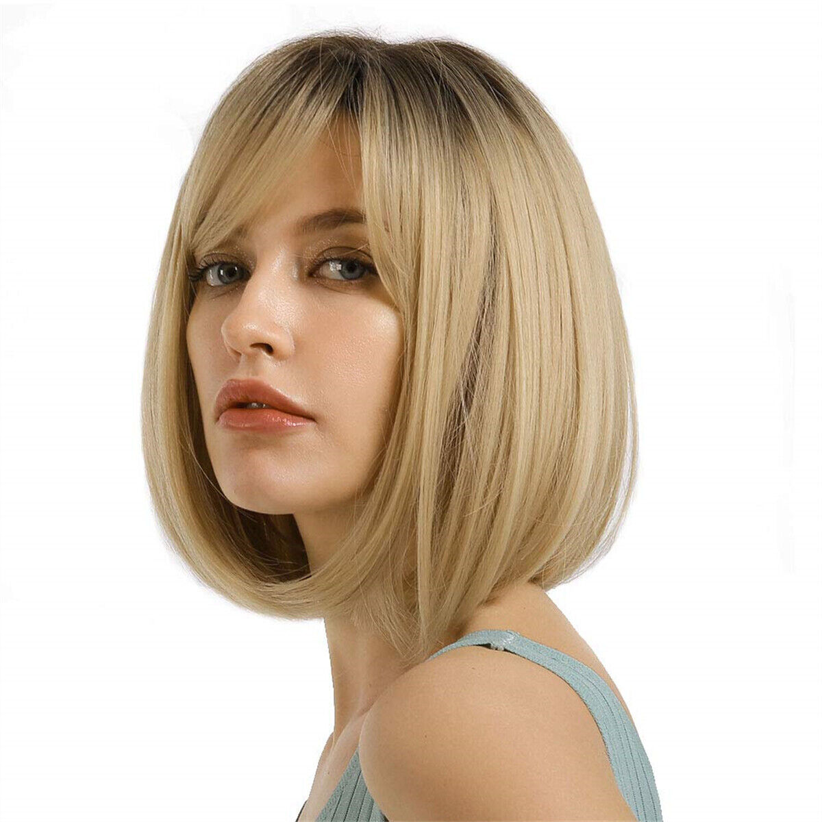 Fashion Women Oblique Bangs Bob Wig Short Straight Blonde Hair Synthetic Wigs