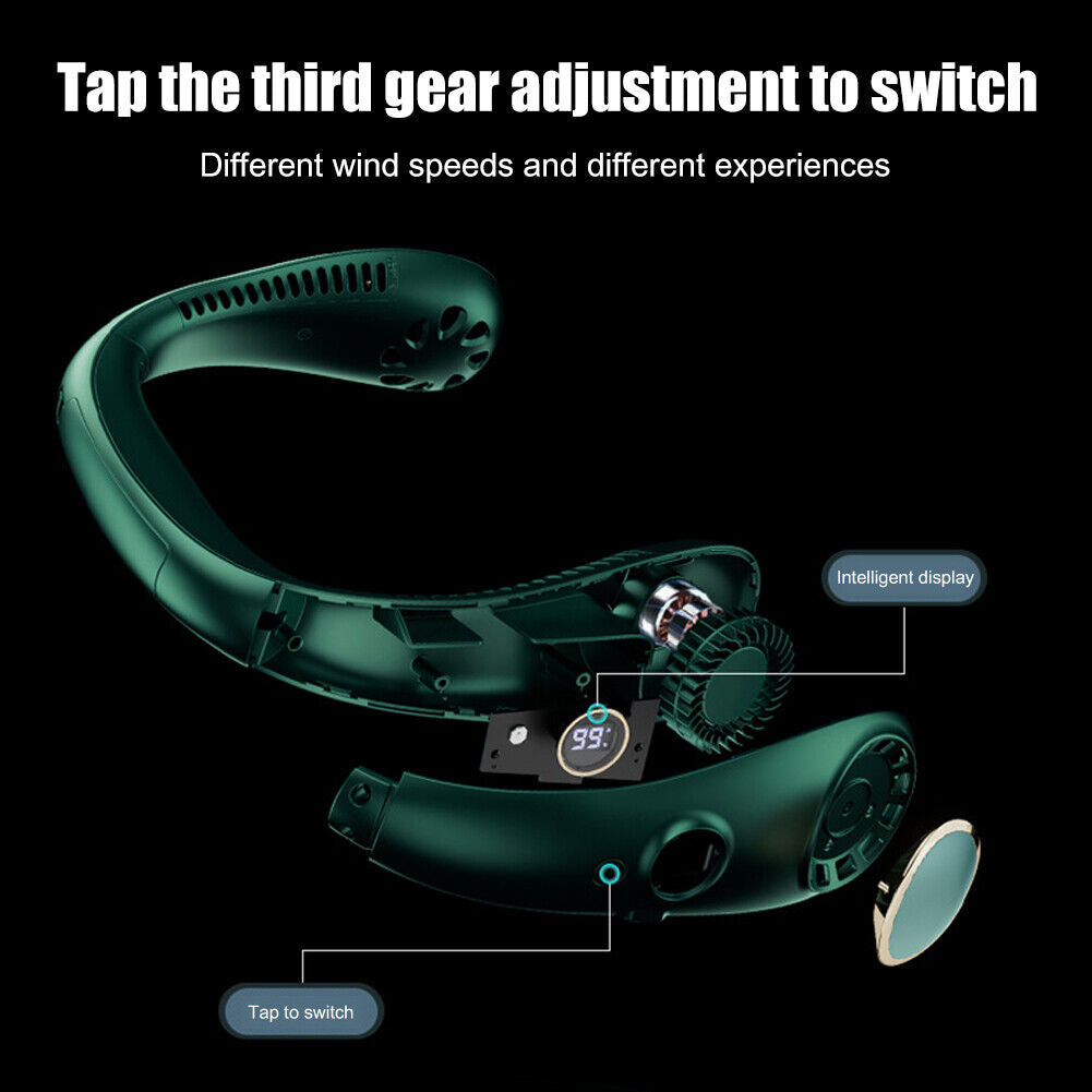 3000mAh LED Digital Air Cooling Hanging Neck Bladeless Fans (Dark Green)