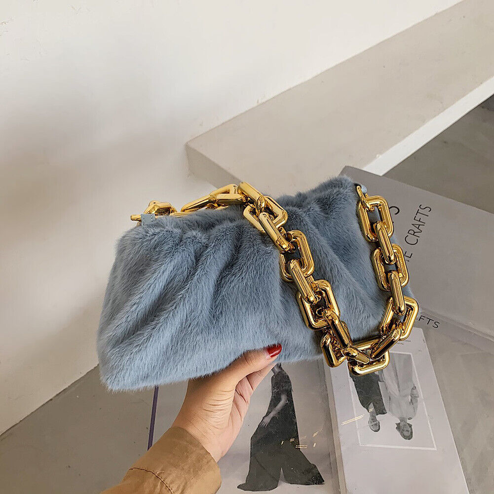 Women Cloud Handbags Plush Soft Thick Chain Shoulder Underarm Bags (Blue)