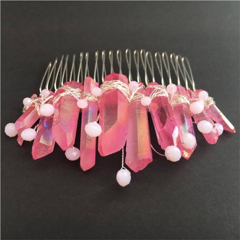 Handmade Natural Stone Bridal Hair Comb Pink AB Quartz Crystal Tiara Headpiece