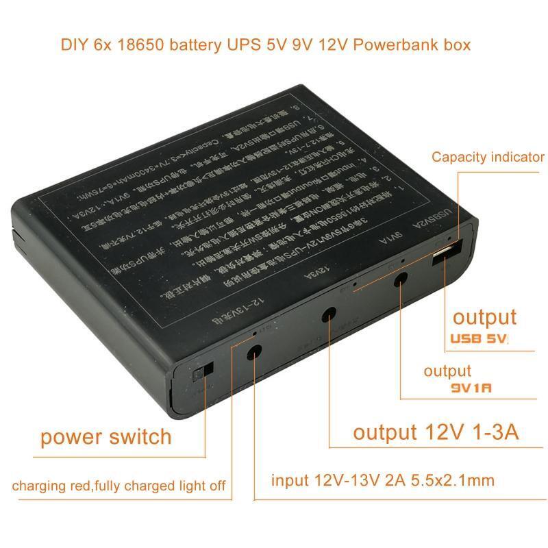 USB 5V DC 9V 12V Output 6x 18650 Battery UPS DIY Power Bank Box for Router LED