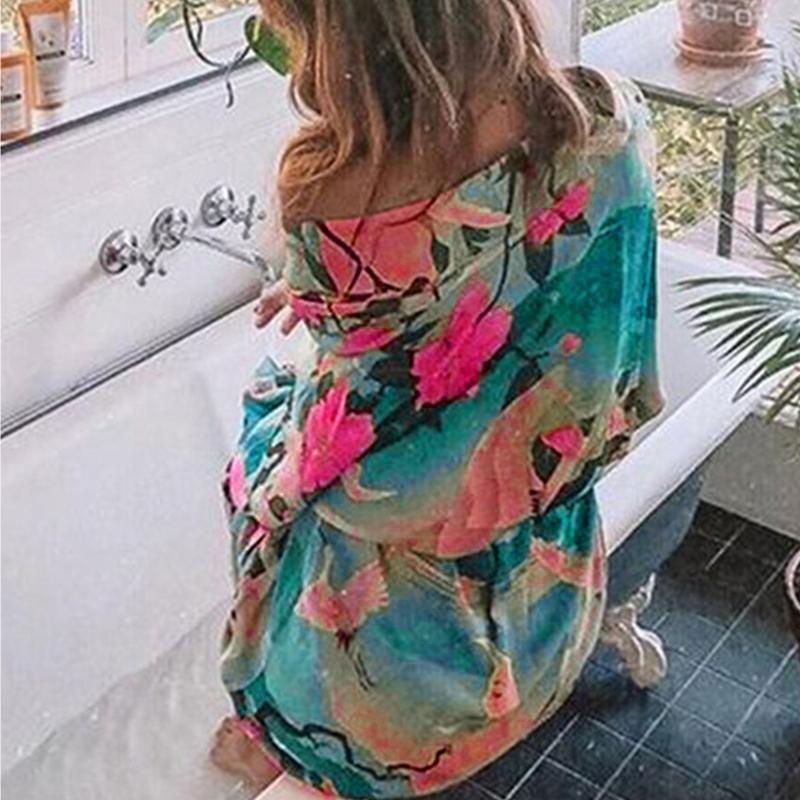 Fashion Women Long Shirt  Robe Over Sized Bikini Cover Up Blossom Print Kaftan